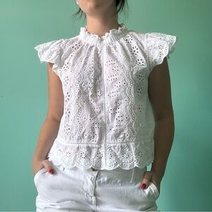 White Flutter Sleeve Ruffled Blouse with Mandarin Collar